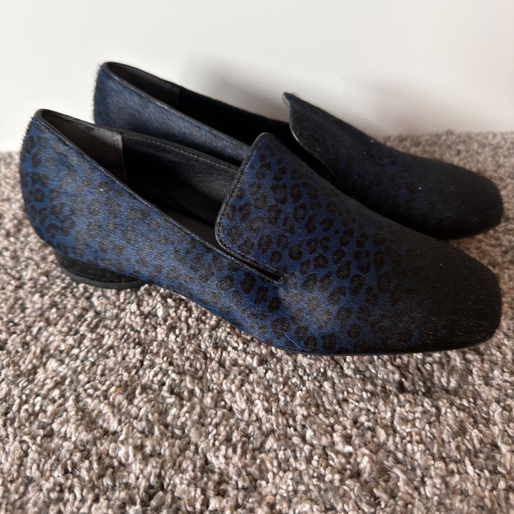 Sarto Franco Sarto Blue Leopard Calf Hair Square Toe Loafers Shoes Womens 5M